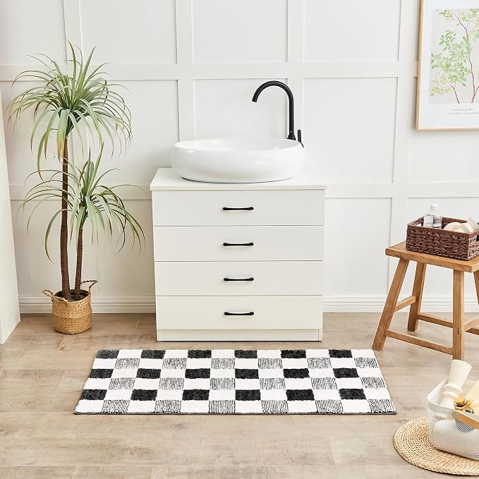 CozeCube Jet Black Checkered Bath Mat 32"x20" Non Slip Washable Rug | For Bathroom Non Slip, Fluffy Absorbent Microfiber Bath Mats Machine Wash, Stylish Cute Aesthetic Bathroom Rugs