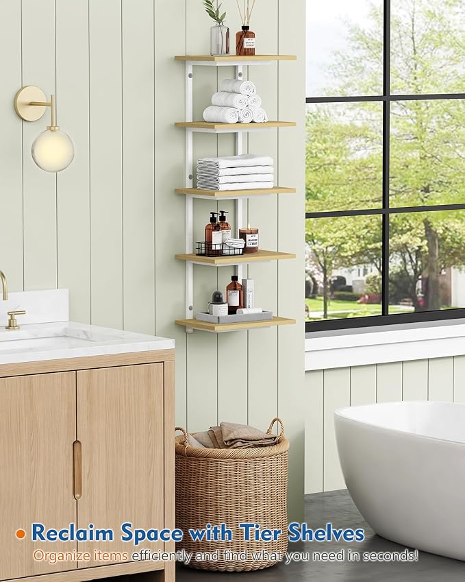 Harwaya White and Natural Tiered Wall Shelf Unit, 5 Tier Display Floating Shelves, Deep Hanging Wall Shelving Unit for Living Room Plants TV, Bedroom Books, Office Décor (White and Natural Wood)