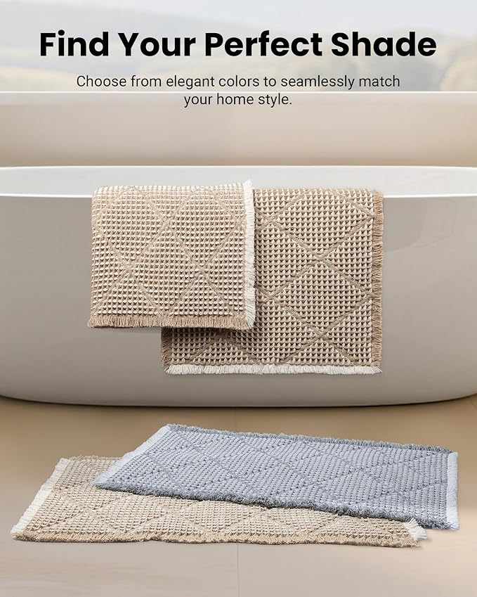 Furicher Waffle Bath Mat Set, Non Slip Bathroom Rugs 2 Piece, Brown & White | Ultra Absorbent Long Bath Rug Runner for Bathroom Boho Chic Decor, Machine Washable Floor Mats, 20"×47" Plus 18"×30"
