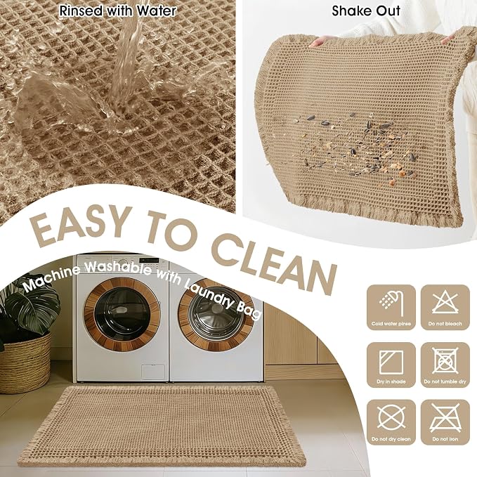 Upgraded Waffle Bath Mat Set 2 Piece Beige-Bordered, Super Absorbent Non-Slip Quick Dry Bathroom Rugs with Tassels, Machine Washable Ultra Soft Boho Bath Rugs for Floor, Bath Mats Boho Farmhouse Decor