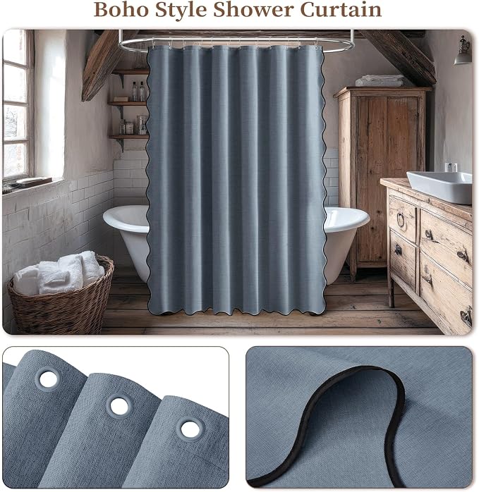 72x90 Boho Scalloped Linen Textured Cloth Shower Curtain, Blue Grey | Long Size, 230GSM Waterproof Polyester, Heavy Duty Fabric, 12 Plastic Hooks, Elegant Modern Farmhouse Style, Machine Washable