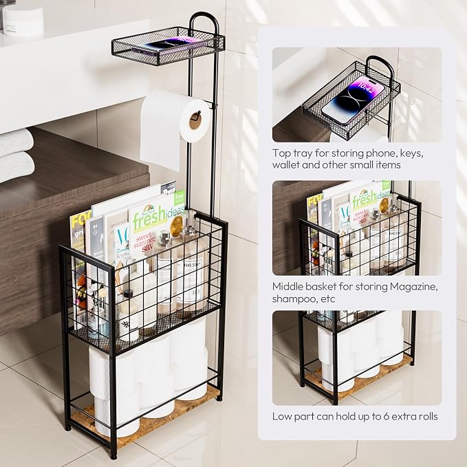 SWTYMIKI Freestanding Toilet Paper Holder - 4-Tier Free Standing Toilet Paper Holder Stand with Large Basket, Stand Mega Roll Storage Rack for Extra Rolls, Magazines, Wet Wipes, Black