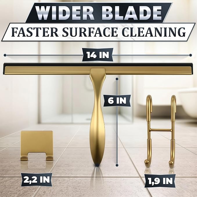 Stainless Steel Shower Squeegee, Glass, Silicone, 14 Inch (Gold) | Shower Door Squeegee with Silicone Blade, Adhesive & Hanging Hooks for Mirror, Tile, Window, Car, Multi-Surface Everyday Use