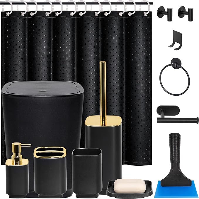 Bathroom Accessories Set with Shower Curtain Hooks, Black & Gold | 14Pcs Bathroom Sets with Trash Can, Toilet Brush, Soap Toothbrush Holder Set, Squeegee, Towel Ring, Razor/Toilet Paper Holder