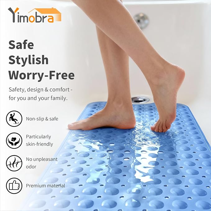 Yimobra Non Slip Bathtub Mat 40 x 16 Inch, Extra Long Shower Mat with Drain Holes, Machine Washable Baby Bath Mats, Strong Suction Cups for Bathroom Floor, Blue