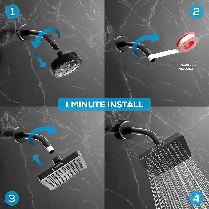 SparkPod Rain Shower Head, 6 Inch Square, Midnight Black Matte Finish | High Pressure Shower Heads, 90 Nozzles, Adjustable Showerhead, No Tools Needed, Universal Connection