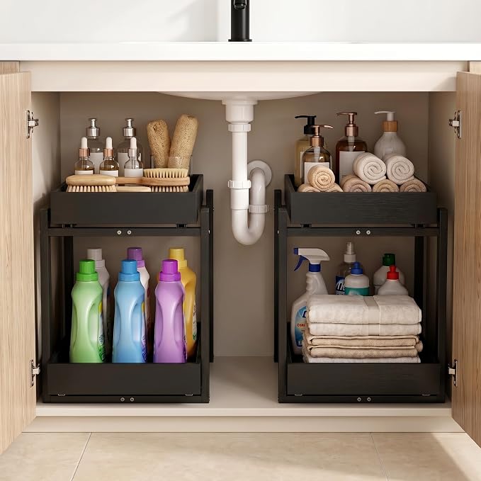 MHXW SXPN Bamboo Under Sink Organizer, 2 Pack Pull Out Cabinet Organizer | 2 Tier Vertical Smooth Slide Out Undersink Storage Shelf | Multi-Purpose Organizer Shelves for Kitchen Bathroom Medicine
