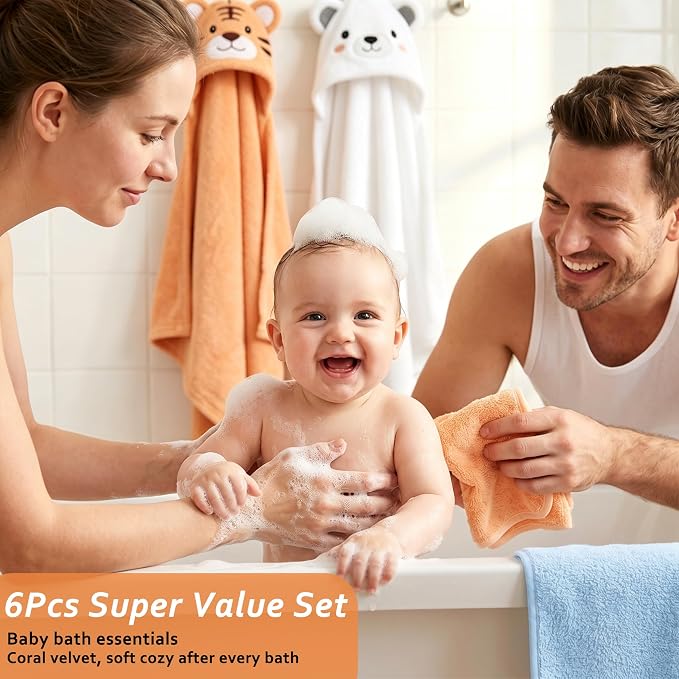 6 PCS Toddler Towels Set for Boy Girl 0-5 Year Essentials, White & Orange | Large Size 55"x27.5", 2 PCS Hooded Baby Bath Towels & 4 PCS Washcloths, Ultra Soft, Thick and Absorbent, Newborn Essentials