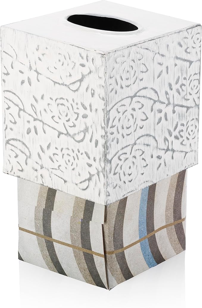 Country Chic Modern Farmhouse Tissue Box Holder, Decorative Metal Tissue Cover, Rustic Square White Style