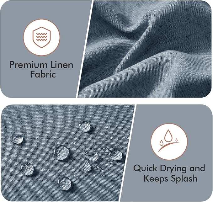 MIULEE Dusty Blue Scalloped Linen Shower Curtain 72W x 72L | 12 metal hooks, Linen scalloped, waterproof washable, thick heavy cloth, black border, boho farmhouse, bathroom hotel use
