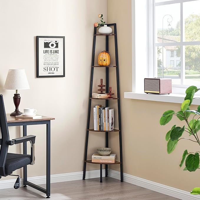 Hoctieon Corner Shelf, 5-Tier Corner Bookshelf, Rustic Ladder Shelf, Industrial Display Stand for Living Room, Kitchen, Home Office, Balcony, Small Space, Metal Frame, Rustic Brown