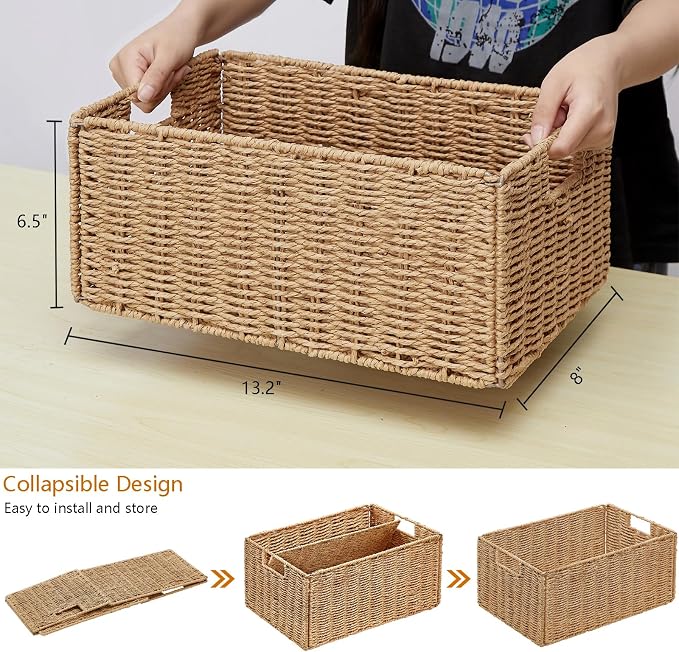 Wicker Storage Basket, Set of 2 Hand-Woven Paper Rope Wicker Basket, Small Storage Baskets for Organizing Toilet Paper, Foldable Large Cube Storage Organizer Bins for Shelves (Natural)