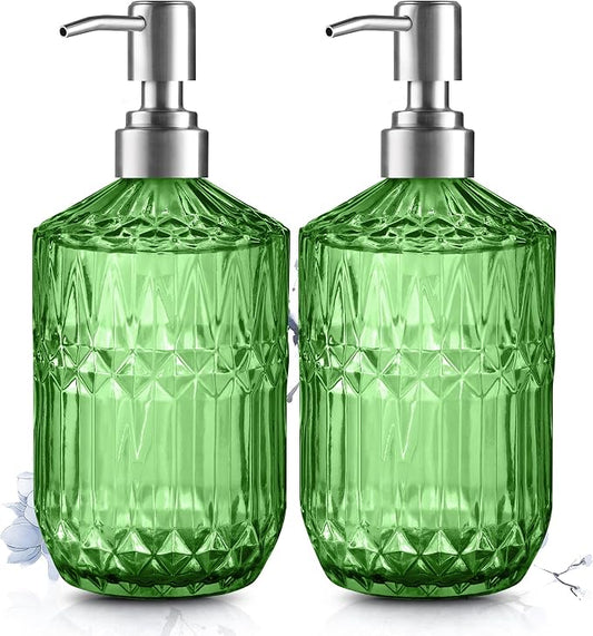 Kaishun Refillable Glass Soap Dispenser (2PC) for Hand Soap & Lotion, Green