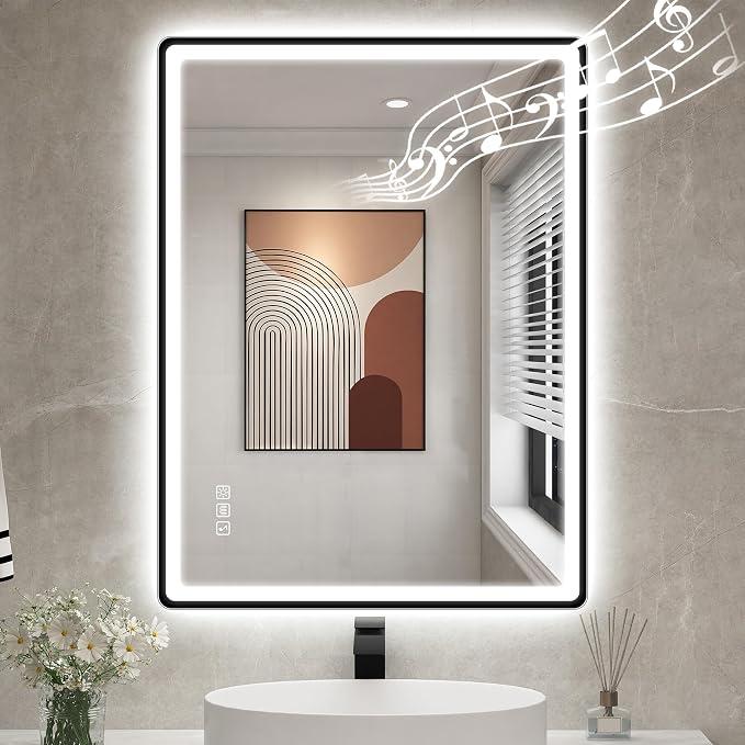 STARLEAD 28"x36" Black Frameless LED Bathroom Mirror with Bluetooth Speaker, 3 Color Temperature, Stepless Dimming, Anti-Fog, Touch Control, Wall-Mounted Vanity Mirror, Vertical or Horizontal