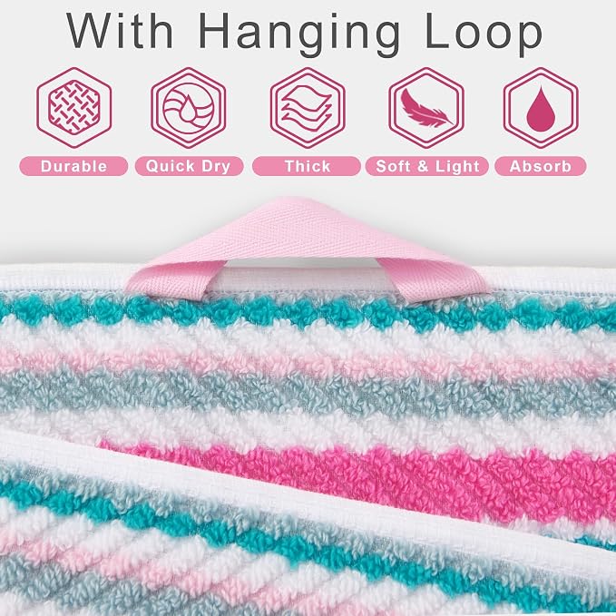 VOOVA & MOVAS Striped Towels 3 Pack, 100% Cotton, Pink Aqua | Perfect for Bathroom & Guest Space, 13x13, 16x27, 28x52 In, Quick Dry, Bath Towels with Hanging Loops, Absorbent