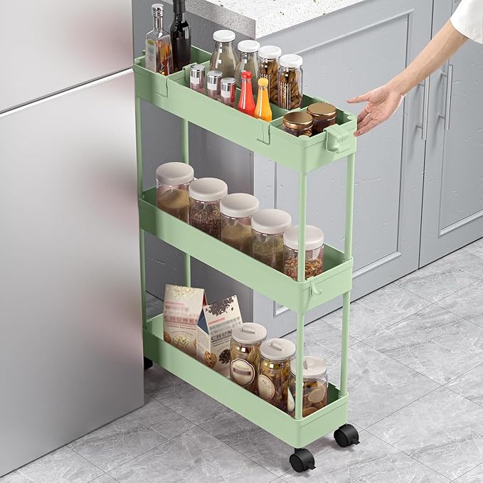 2-piece Set Slim Storage Cart 3 Tier,Bathroom Organizer Rolling Utility,Mobile Shelving Unit Slide Out for Office, Kitchen, Laundry Room & Narrow Places