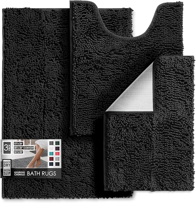 Hearth & Harbor Bathroom Rugs, Chenille Bath Mat - Machine Washable Bath Mats for Bathroom Non-Slip Backing Rubber, Quick Dry Mat - Black Bath Rug, 17x24-26x44-20x24