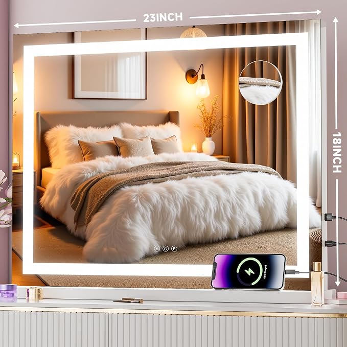 Vanity Mirror with Lights, 23" x 18" LED Makeup Mirror with 10X Magnification, Dimmable 3 Modes, Memory Function, Smart Touch, USB Charging Port, Lighted Makeup Mirror Square White