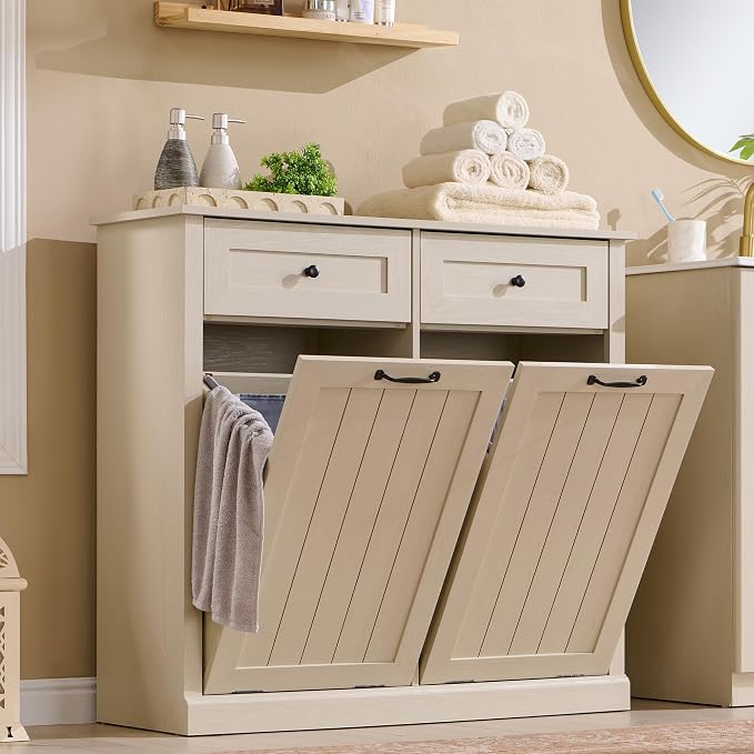 IFBUY Double Tilt Out Laundry Hamper Cabinet, Trash Cabinet, Cream | 20 Gallon Farmhouse Trash Cabinet w/Drawers, Hidden Wood Garbage Can Cabinets w/Laundry Storage Basket for Bathroom, Kitchen