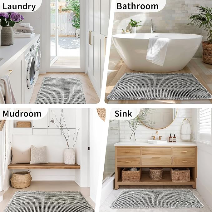 Long Bath Mat, Waffle Bathroom Runner Rug Non Slip Washable, 24 x 60 | Super Absorbent, Quick Dry Bath Runner, Soft Waffle Weave, Boho Farmhouse Bathroom Decor in Dark Grey for Sink or Tub