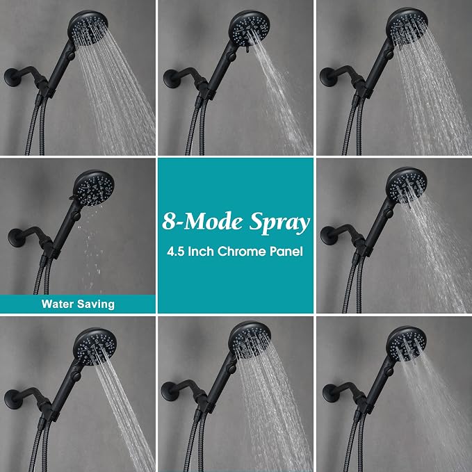 GwernKB Handheld Shower Head with On Off Switch,8-mode High Pressure Shower Wand with Long Hose and Bracket Extra Adhesive Holder for Lower Mount,Built-in Power Wash to Clean Tub,Tile & Pets,Black…