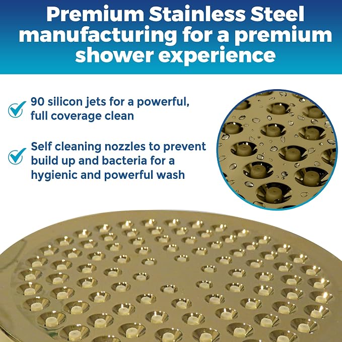 Shower Head - High Pressure 2.5 GPM - Gold | Anti-clog silicone nozzles, removable restrictor, easy-clean fixed replacement