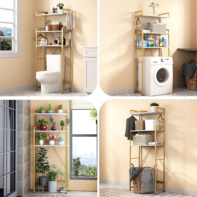 Over The Toilet Storage Rack with 3-Tier Shelves, Space Saver Toilet Shelf, Laundry Organizer with Hooks for Over Toilet Storage and Space Saver (White & Gold)