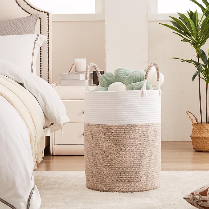 60L Hamper Laundry Basket Tall Woven Rope Clothes Hamper Brown | Baby Girls Nursery Kids Blanket Basket in Living Room Bathroom Bedroom 15Dx20H Inches Large