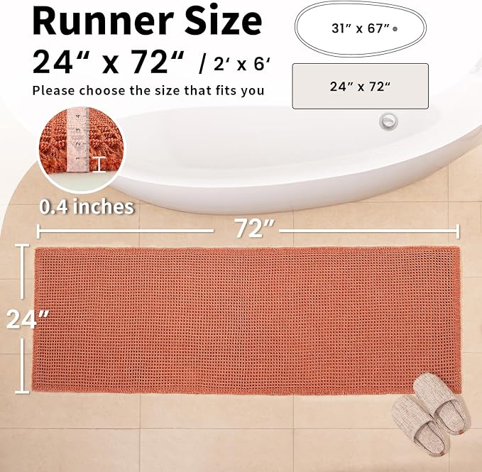 Burnt Orange Bathroom Rug, Fall Waffle Bath Mat Runner, 24" x 72" | Super Absorbent Quick Dry Bath Runner, Washable Waffle Weave, Non Slip Boho Farmhouse Bathroom Fall Decor for Sink or Tub