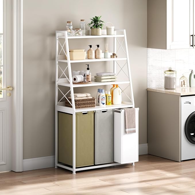 Herture Laundry Basket, 3 Section Laundry Hamper with 4 Tiers Shelf, Pull-Out and Removable Laundry Bags, Large 3 x 15.87 Gallons, 3 Color Bags for Laundry Room Bathroom White PF05XLE