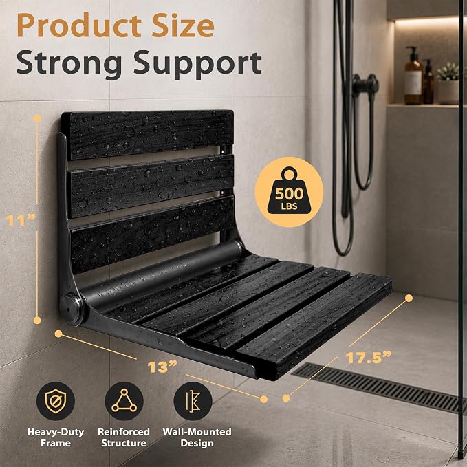 Folding Shower Seat Teak, Bathla Safety Furniture Stainless Steel, Shower Seats for Elderly, Fold Down Shower Seat, Black Wood