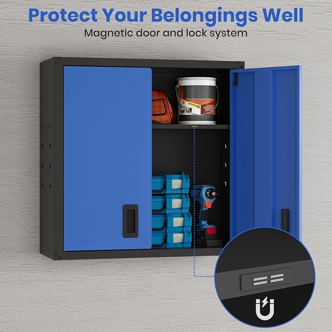 30 Inch Metal Wall Cabinet, Metal Wall Cabinet for Garage, Blue | Wall Mount Cabinet with Lock and Adjustable Shelf, Lockable Storage Cabinet for Home Office,Garage,Gym,School