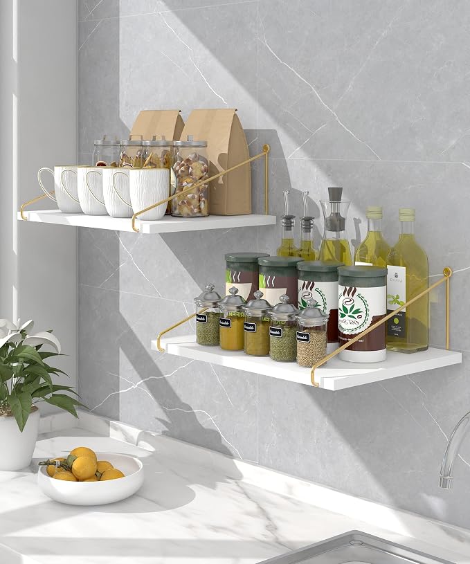 Afuly Floating Shelves for Wall, 12 Inch Deep Gold White Shelf, Set of 2 | Solid Wood and Metal, Hanging Bookshelf with Brackets, Plants Photos Display, for Bathroom, Kitchen, Living Room, Bedroom
