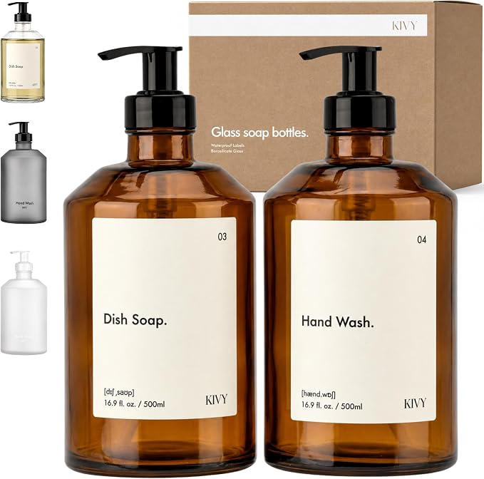 KIVY Glass Soap Dispenser Set [INCL. Waterproof Labels] - Brown Glass Soap Dispenser with Pump - Hand Soap and Dish Soap Set - for Kitchen, Shower & Bathroom (2X 16oz)
