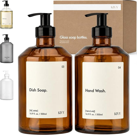 KIVY Glass Soap Dispenser Set [INCL. Waterproof Labels] - Brown Glass Soap Dispenser with Pump - Hand Soap and Dish Soap Set - for Kitchen, Shower & Bathroom (2X 16oz)