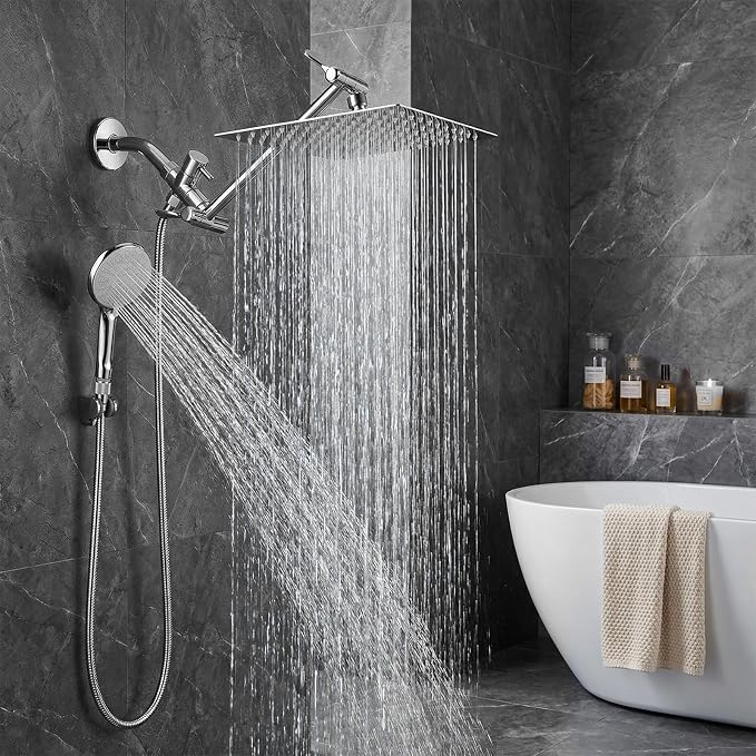 Shower Head, 10'' High Pressure Rainfall/Handheld Shower Combo, Chrome | 9 Settings, Anti-leak Shower Head with 11'' Extension Arm, Holder, Hose, Height/Angle Adjustable Shower, 1.75GPM