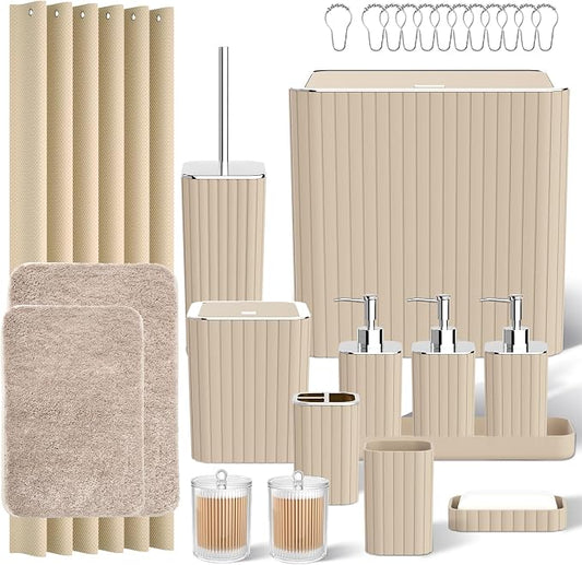 Bathroom Accessory Set - Bathroom Set, 27PC Bathroom Accessories Set, Beige Bathroom Sets with Shower Curtain and Rugs, Mini Trash Can, Toilet Brush, Trash Can & Soap Dispenser