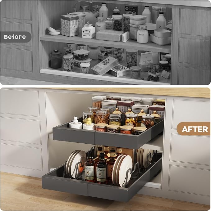Seinloes 4 Pack Pull Out Cabinet Organizer 21" Deep with Raising Pad for Framed Cabinets, Expandable (9"-14" W) Slide Out Drawers for Kitchen Cabinets with 4pcs Divider Racks, Roll Out Shelves, Black