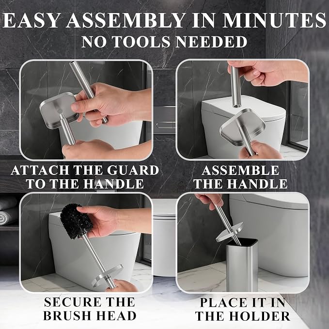 Stainless Steel Toilet Brush and Holder Set, Rounded Square (Silver) | Toilet Bowl Brush and Holder, Removable Inner Bowl, Dense Bristles, Long Handle, Hand Guard, Scratch Resistant, for Bathrooms