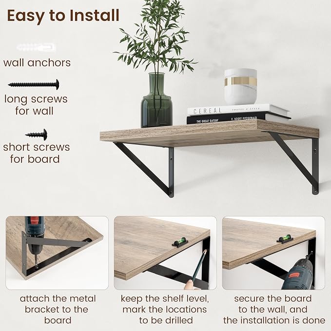 Deep Floating Shelves - 20 Inch Floating Shelves Set of 2-12 Inch Deep Grey Wall Shelves for Living Room Bathroom Kitchen