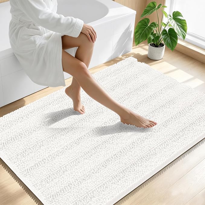 Smiry Thick Chenille Large Bathroom Runner Rugs 44x32, Soft Bath Mat, Ivory | Quick‑Dry & Machine Washable, Non‑Slip Bath Carpet, Striped Bath Rugs for Tub & Shower, Modern Home Decor Accessories