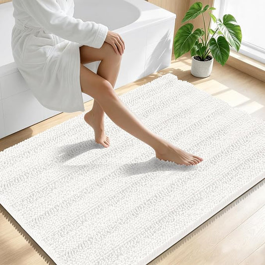 Smiry Thick Chenille Large Bathroom Runner Rugs 44x32, Soft Bath Mat, Ivory | Quick‑Dry & Machine Washable, Non‑Slip Bath Carpet, Striped Bath Rugs for Tub & Shower, Modern Home Decor Accessories