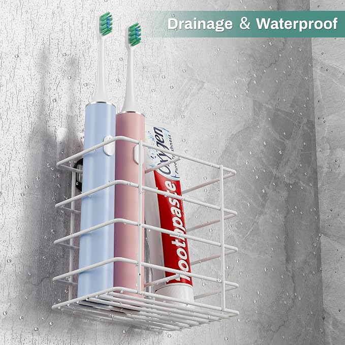 Open-Design Adhesive Shower Toothbrush Holder Wall Mounted with Drainage | Hanging Electric Tooth Brush Holder for Bathroom Wall Mirror, Metal Wall Toothpaste Storage Organizer for RV Camper, White