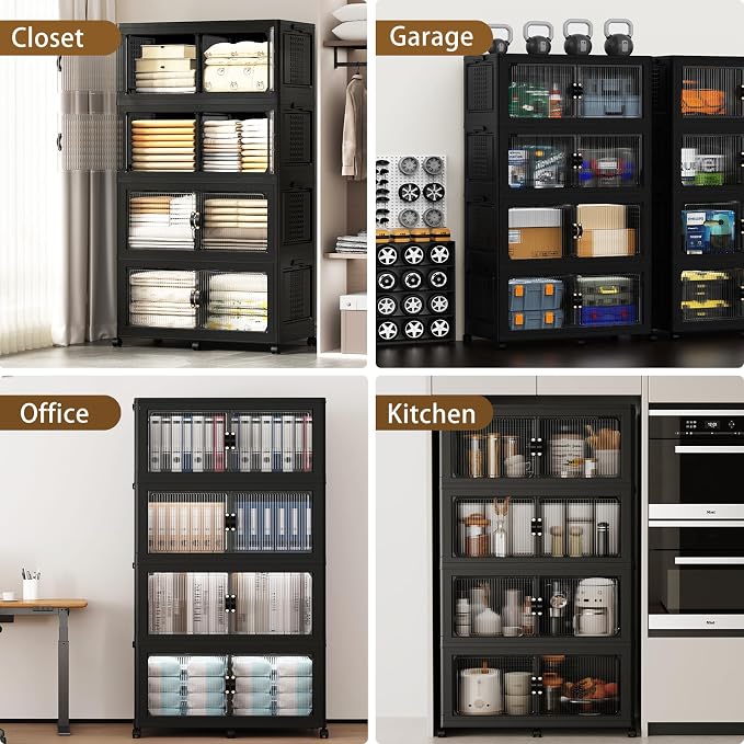 SAILUN 760Qt Stackable Storage Bins,Storage Cabinet with a Lid,4 Pack Black | Stackable Storage Drawers with Lids,33.5" W x 19" D x 69" H,Featuring open-front Access for Clothes and Closet Storage
