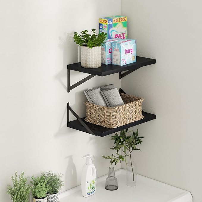 Deep Floating Shelves - 20 Inch Black Floating Shelves Set of 2-12 Inch Deep Wood Wall Shelves for Living Room Bathroom Kitchen