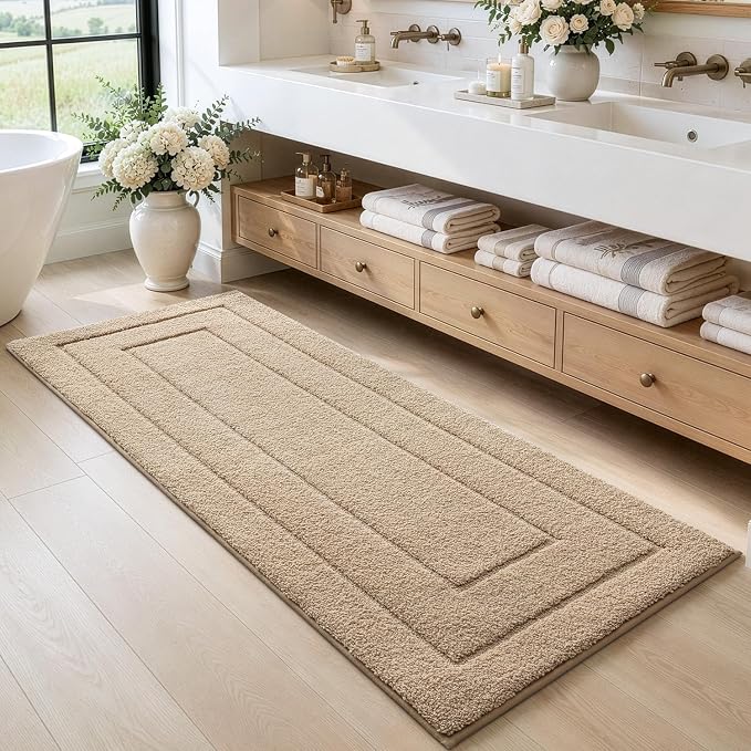 DEXI Bathroom Runner Rugs 72x24, Non-Slip and Absorbent Bath Mat, Beige | Machine Washable, Soft Plush Microfiber Bathmat with Rubber Back, Quick Dry Extra Long Rug for Shower, Tub, Sink