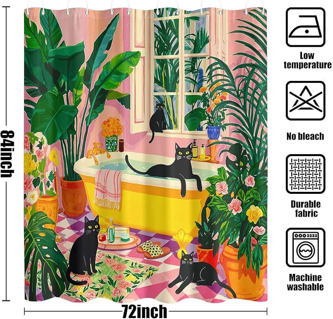 Accnicc Boho Cat Shower Curtain for Bathroom 72 X 84 Inches | Cute Funny Black Cats Matisse Extra Long Shower Curtains, Tropical Plant Bathroom Decor, Water-Resistant Washable Polyester