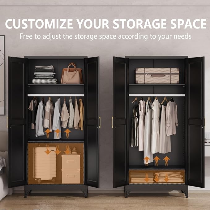 Polup 71" Metal Armoire Wardrobe Closet with Doors and Adjustable Shelves | Freestanding Tall Clothing Storage Cabinet, Heavy Duty, Hanging Rod, Magnetic Closure, for Bedroom, Office, Garage, Black