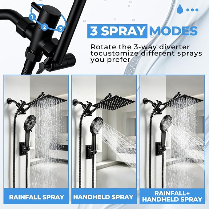Shower Head, 8 inch Multifunction High Pressure Rain Shower Head with Handheld Spray Combo with 11'' Angle Adjustable Extension Arm/Flow Regulator/Shower System Matte Black