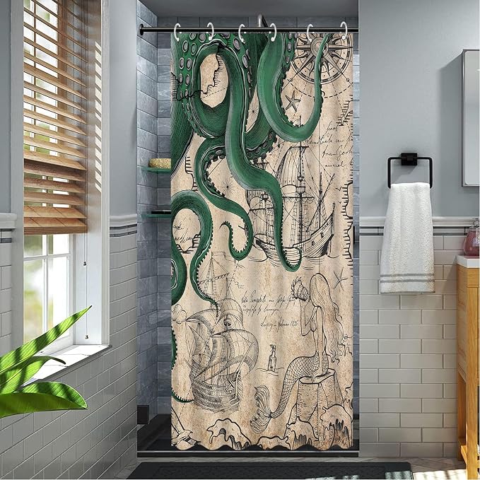 Fungarth Stall Vintage Green Nautical Octopus Shower Curtain Mermaid Funny Ocean Kraken Shower Curtains for Bathroom Cool Anchor Coastal Map Waterproof Fabric Bath Curtain Decor (Retro2, 36” x 72”)